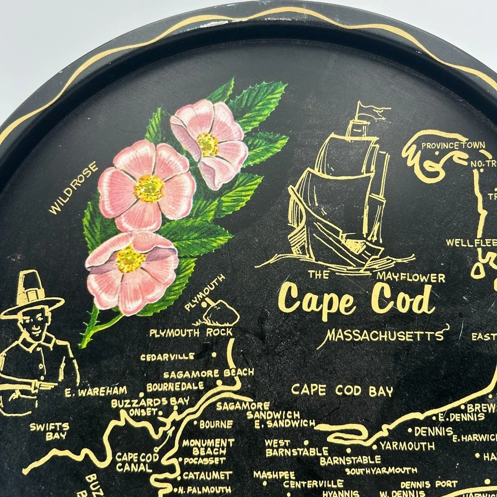 Vintage 60s Cape Cod Massachusetts Tin Metal Serving Tray Souvenir Map 11